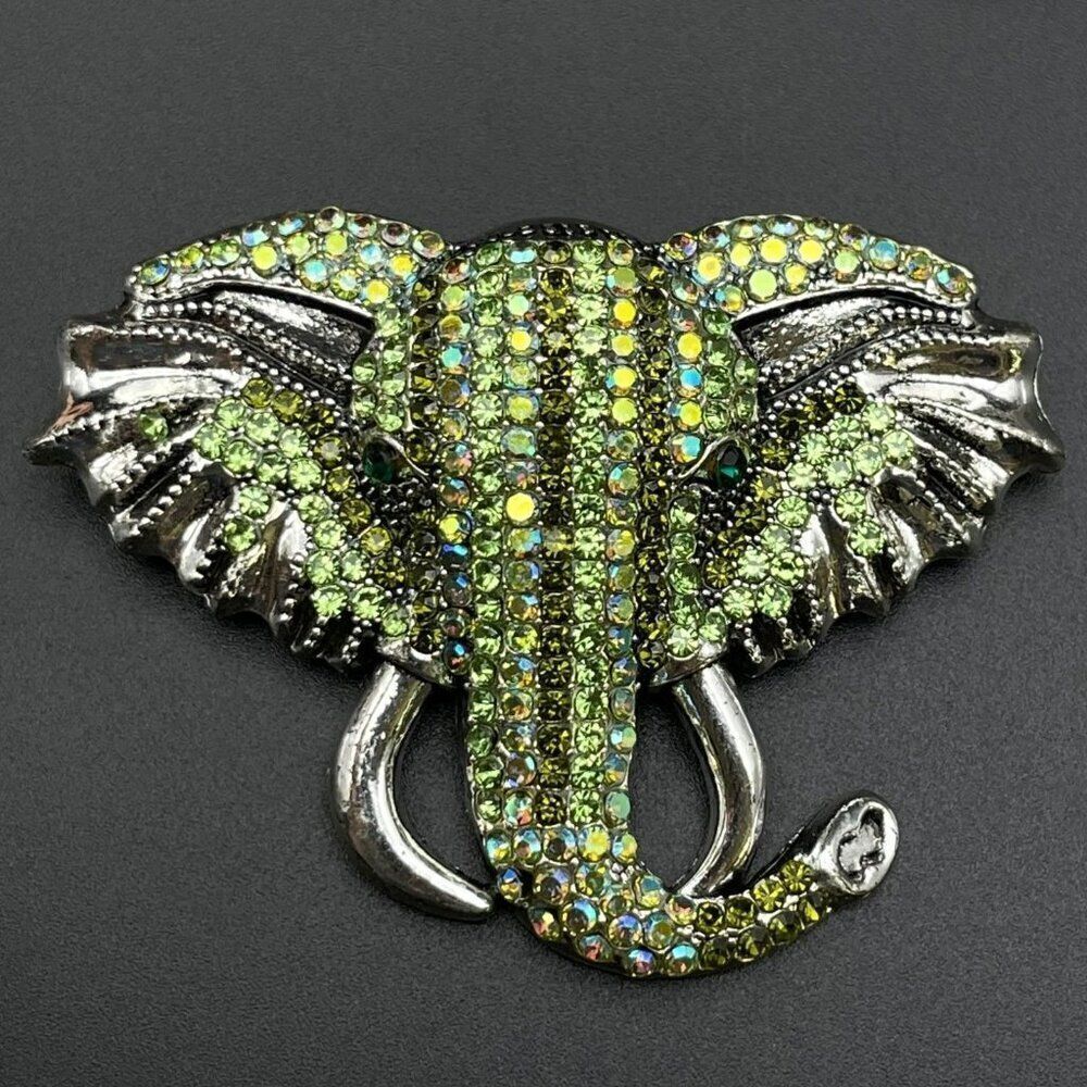 Silver with Emerald Peridot Green and AB Crystal Tusked Elephant Pin Back Brooch
